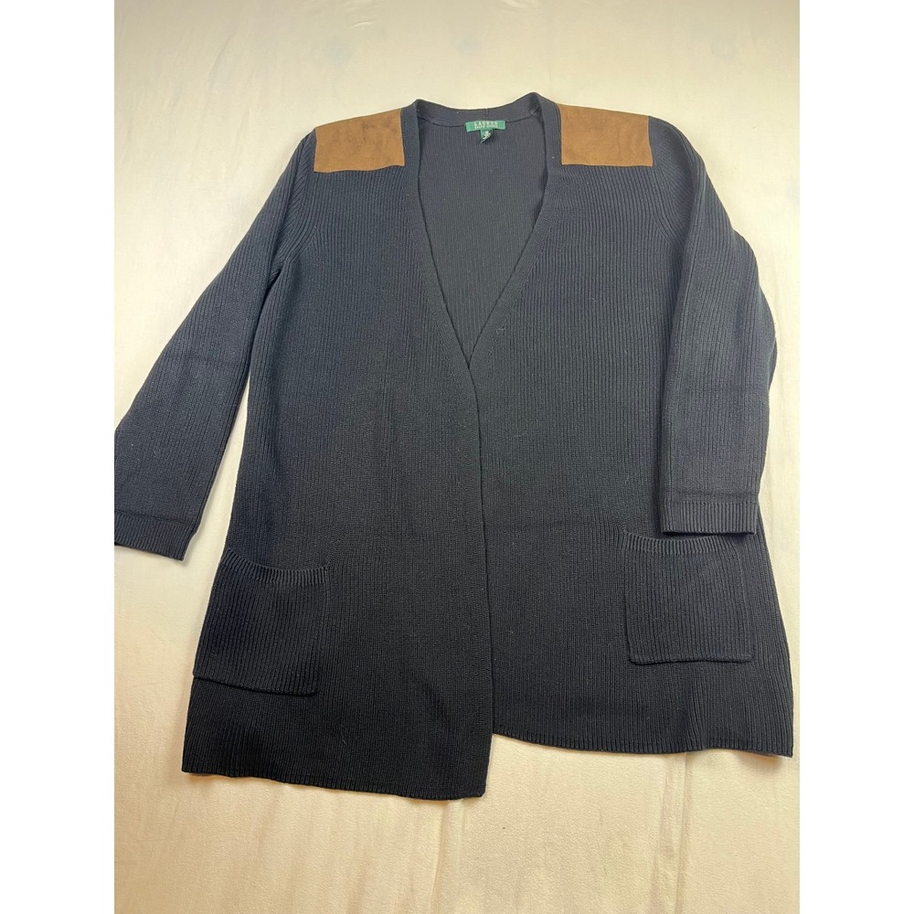 Lauren Ralph Lauren Black Ribbed Cotton Cardigan Suede Shoulder Patch 3X